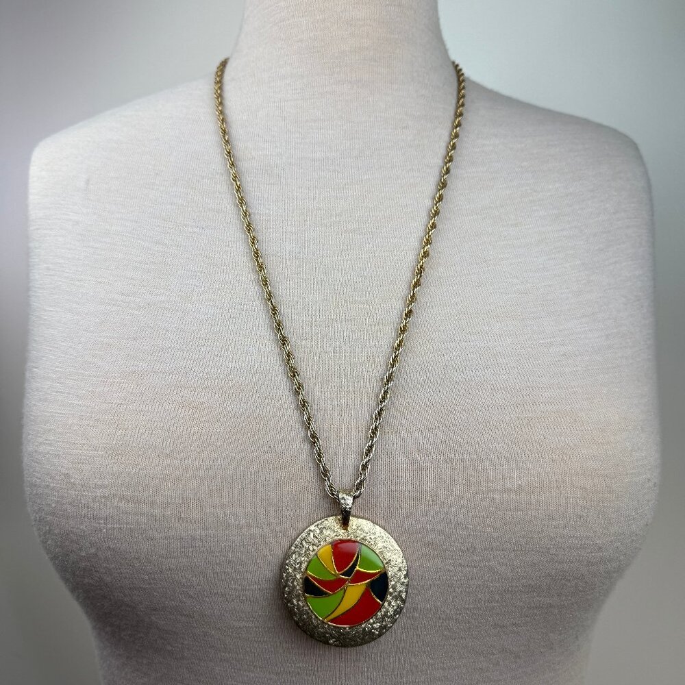 Vintage Beeline Gold Tone Enamel Mirror Pendant Necklace  30"